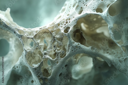 Close-up of porous bone structure, revealing intricate network of cavities and spongy texture. photo