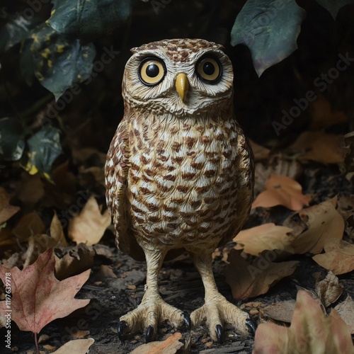 Lifelike Detailed Burrowing Owl Standing on Leafy Ground in Natural Habitat photo