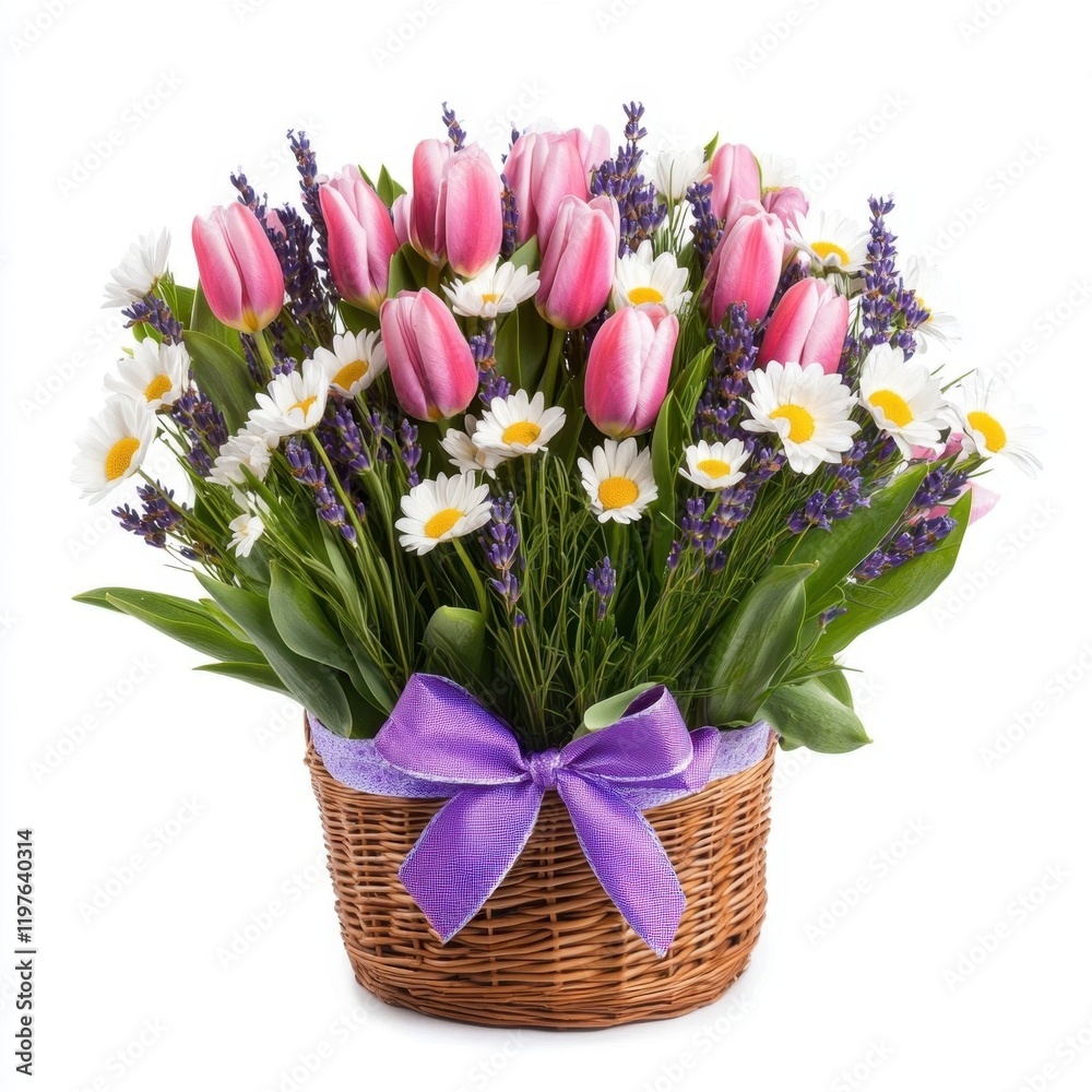 Obraz premium A vibrant flower bouquet in a wicker basket with a purple ribbon.