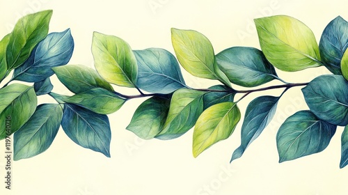 Vibrant green leaves arranged in a decorative pattern against a soft yellow background, ideal for nature-themed designs