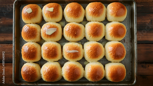 A tray of fluffy, golden-brown dinner rolls brushed with butter, arranged in a grid pattern on a rustic baking sheet photo