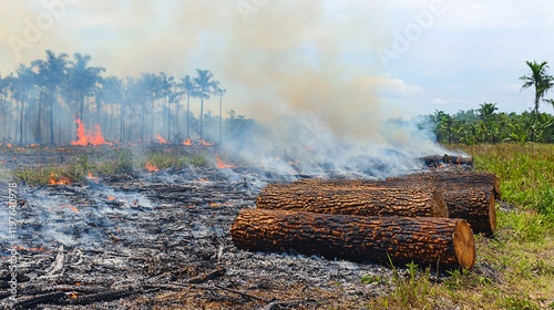 of a fire-ravaged landscape, showing charred tree trunks and a lifeless environment with heavy smoke. Wildfires in North America 