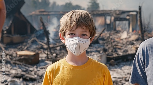 young boy wearing a mask standing in front of his destroyed home, surrounded by ash and burned remnants. Wildfires in North America 