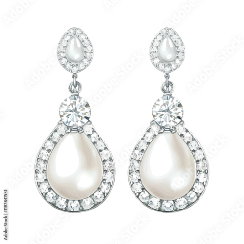 A watercolor illustration of luxury pearl and diamond earrings, isolated on a white background. Earrings vector.
