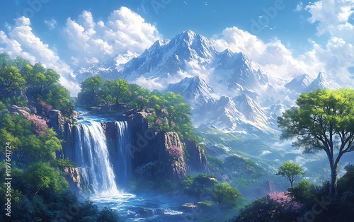 Mountain Waterfall Summer Flowers Stream