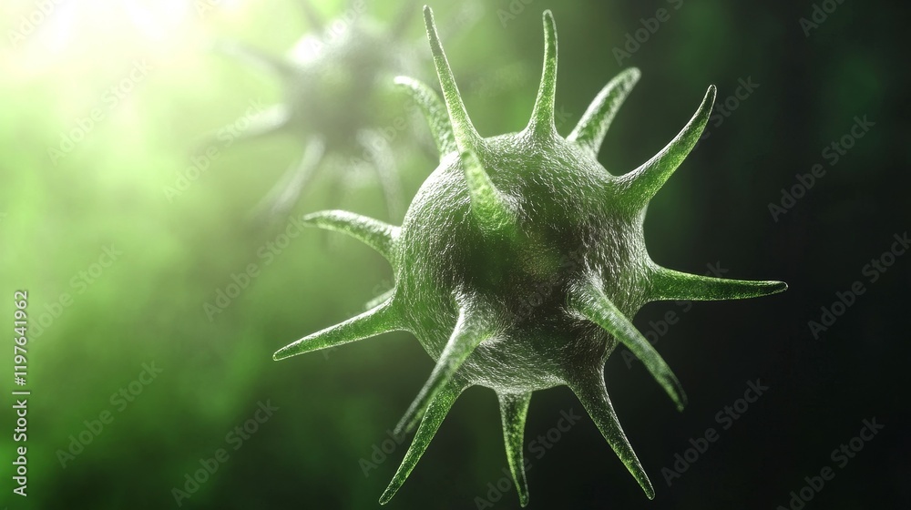 Obraz premium virus and biohazard concept. Microscopic view of a star-shaped microorganism with a soft green background.