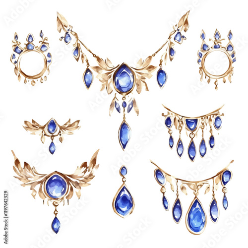 A watercolor of a luxury gold and sapphire jewelry set, isolated on a white background. Jewelry vector.
