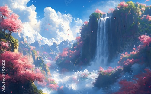 Sunny Waterfall Painting with Blossom Trees