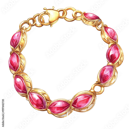 A watercolor drawing of a luxury gold and ruby bracelet, isolated on a white background. Bracelet vector.
