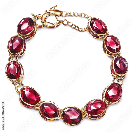 A watercolor drawing of a luxury gold and ruby bracelet, isolated on a white background. Bracelet vector.
