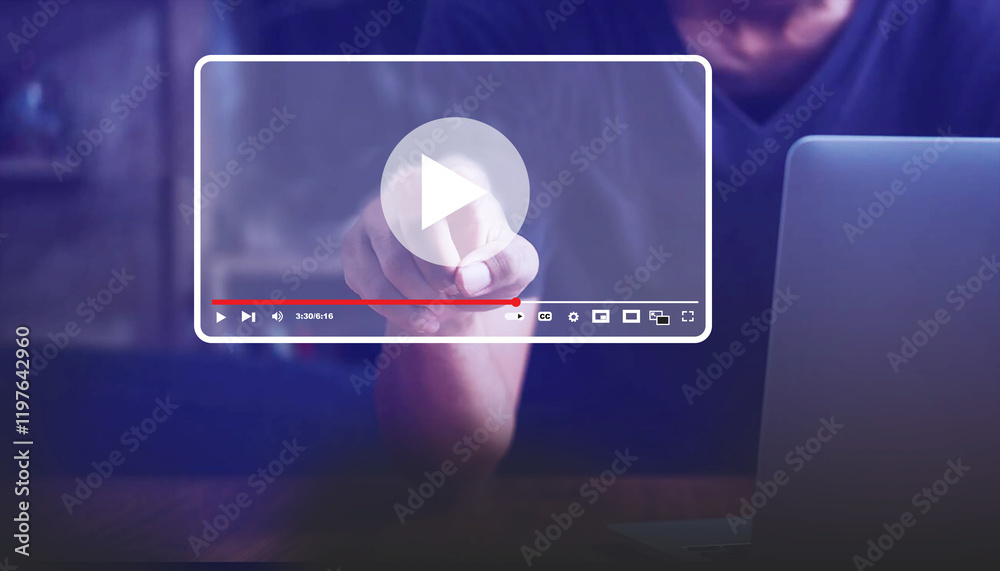 Multimedia player with live digital streaming. A man using an online live stream window to watch a live feed. Multimedia player with live digital streaming. A man using an online live stream window to watch a live feed.