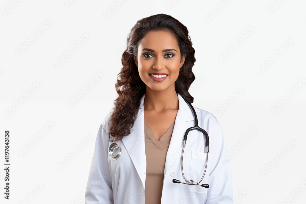 Smiling Indian Female Doctor in White Coat with Stethoscope on White Background - Professional Healthcare Portrait for Medical, Wellness, and Clinic Concepts Smiling Indian Female Doctor in White Coat with Stethoscope on White Background - Professional Healthcare Portrait for Medical, Wellness, and Clinic Concepts