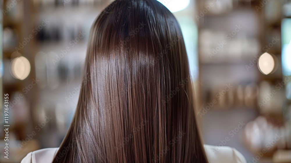 A client with glossy, straightened hair leaving a salon. stock image, hd quality, 