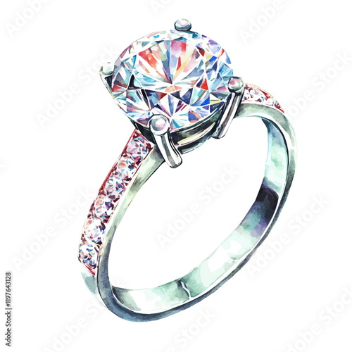 A watercolor of a luxury diamond ring, isolated on a white background. Ring vector.
