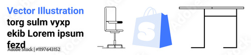 Office chair next to a blue shopping bag and a table. Ideal for e-commerce themes workplace designs office supplies online shopping and furniture catalog. Landing page