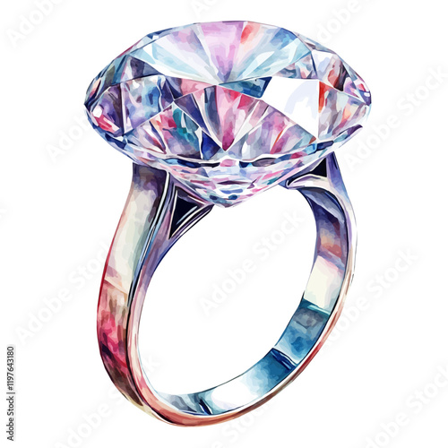 A watercolor of a luxury diamond ring, isolated on a white background. Ring vector.
