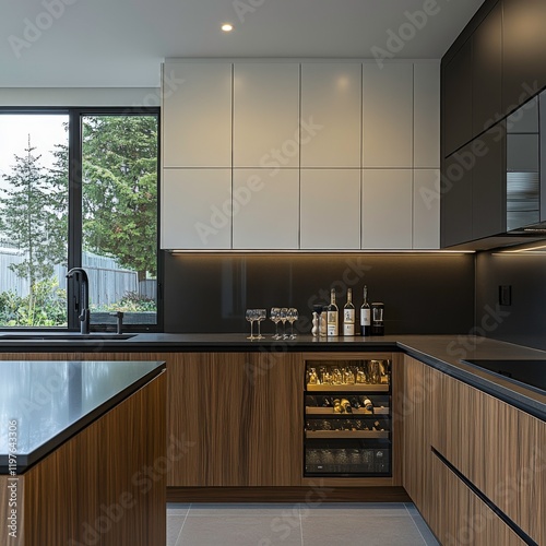 Sophisticated Modern Kitchen with Black Countertops, White and Grayish-Blue Cabinets, and Natural Light photo