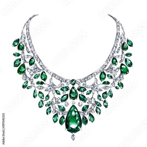 A watercolor of a luxury diamond and emerald necklace, isolated on a white background. Necklace vector.
