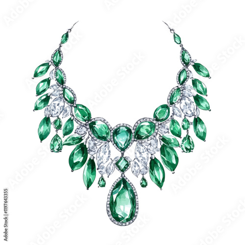 A watercolor of a luxury diamond and emerald necklace, isolated on a white background. Necklace vector.
