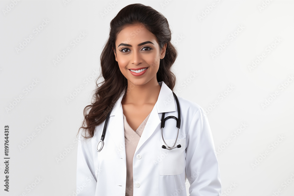 Smiling Indian Female Doctor in White Coat with Stethoscope on White Background - Professional Healthcare Portrait for Medical, Wellness, and Clinic Concepts Smiling Indian Female Doctor in White Coat with Stethoscope on White Background - Professional Healthcare Portrait for Medical, Wellness, and Clinic Concepts
