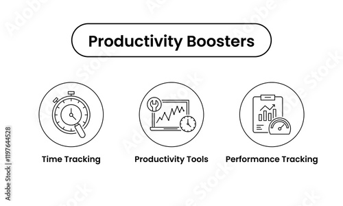 Productivity Boosters icon set. Includes Time Tracking, Productivity Tools, and Performance Tracking icons. Vector icon set.