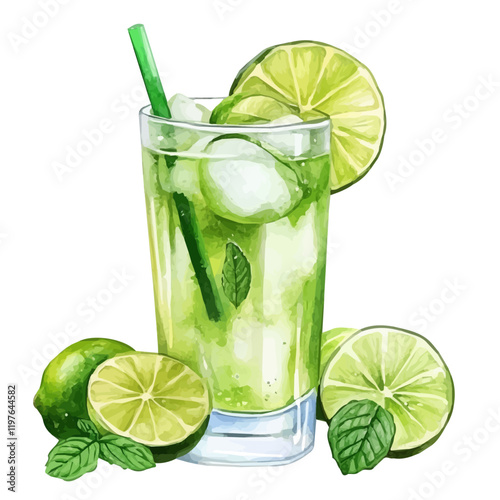 A watercolor of lime mint juice, isolated on a white background. Juice vector.
