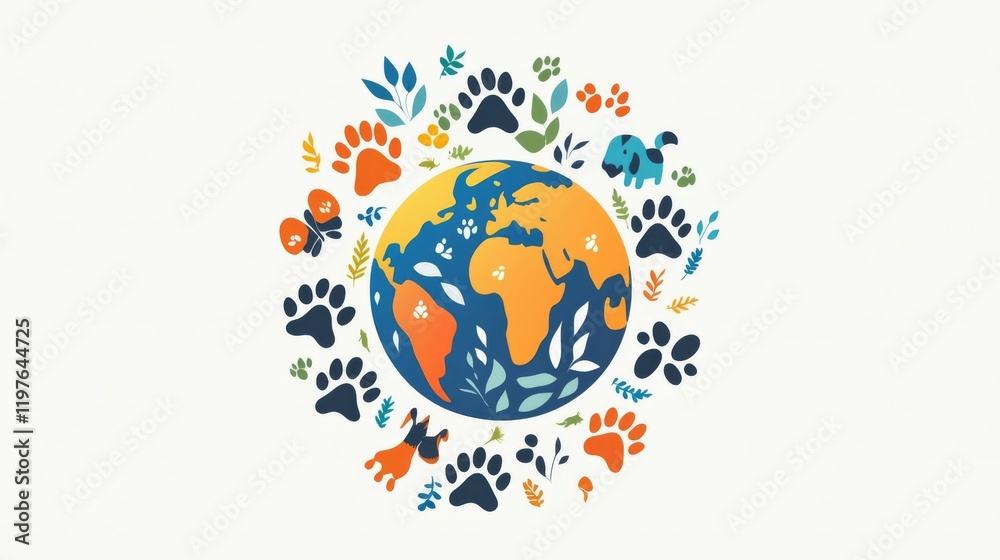 Colorful illustration of Earth surrounded by animal footprints. Colorful illustration of Earth surrounded by animal footprints.