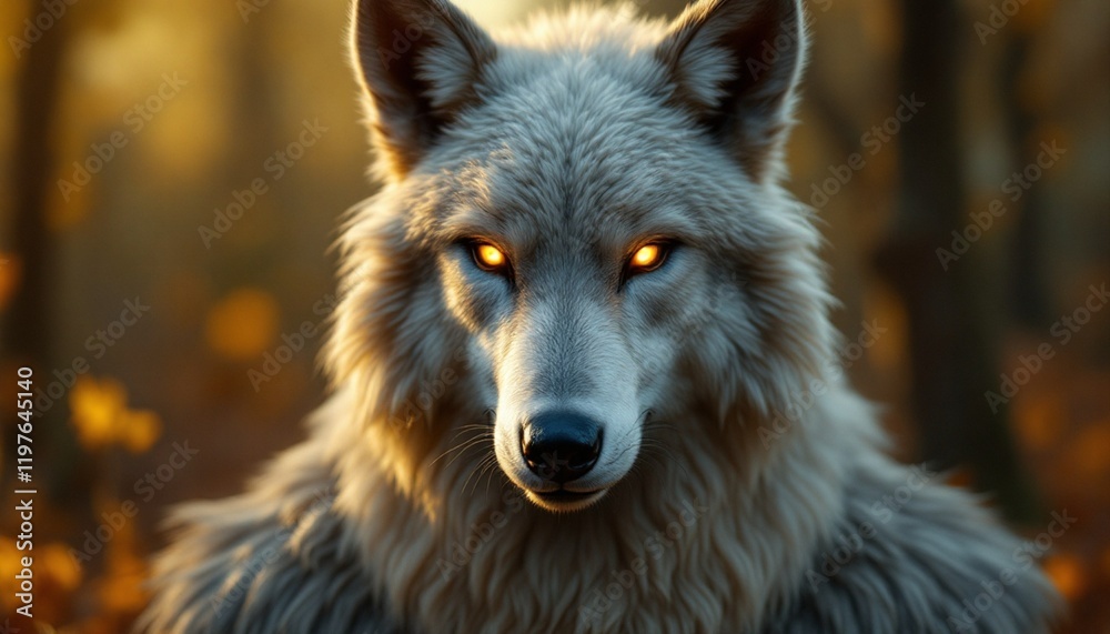 Majestic White Wolf: Glowing Eyes in Autumn Forest Majestic White Wolf: Glowing Eyes in Autumn Forest