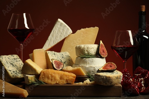 Different types of cheese, rosemary, figs, pomegranate and wine on table