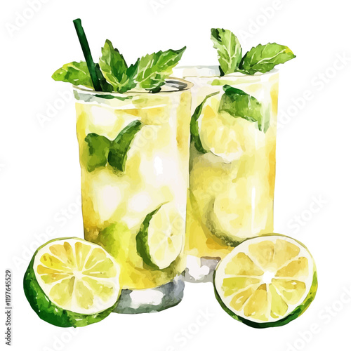 A watercolor of lemon lime mint juice, isolated on a white background. Juice vector.
