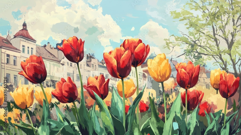 Spring Tulips Bloom in Cityscape Setting Spring Tulips Bloom in Cityscape Setting