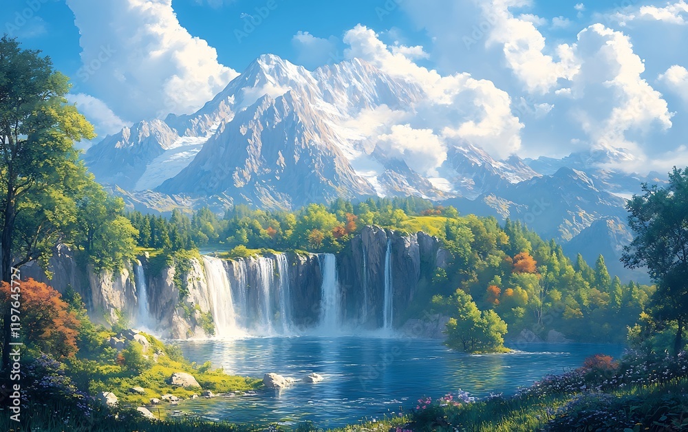Fototapeta premium Serene Alpine Waterfall and Mountain Lake Scene
