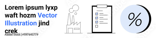 Factory emitting smoke, a clipboard with checkboxes, and a percentage sign. Ideal for industrial themes, business planning, efficiency tracking, quality control, progress evaluations, finance