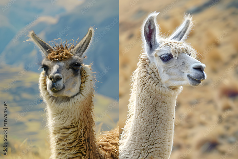 Obraz premium Detailed Comparison: Llama Versus Alpaca in their Natural Habitats