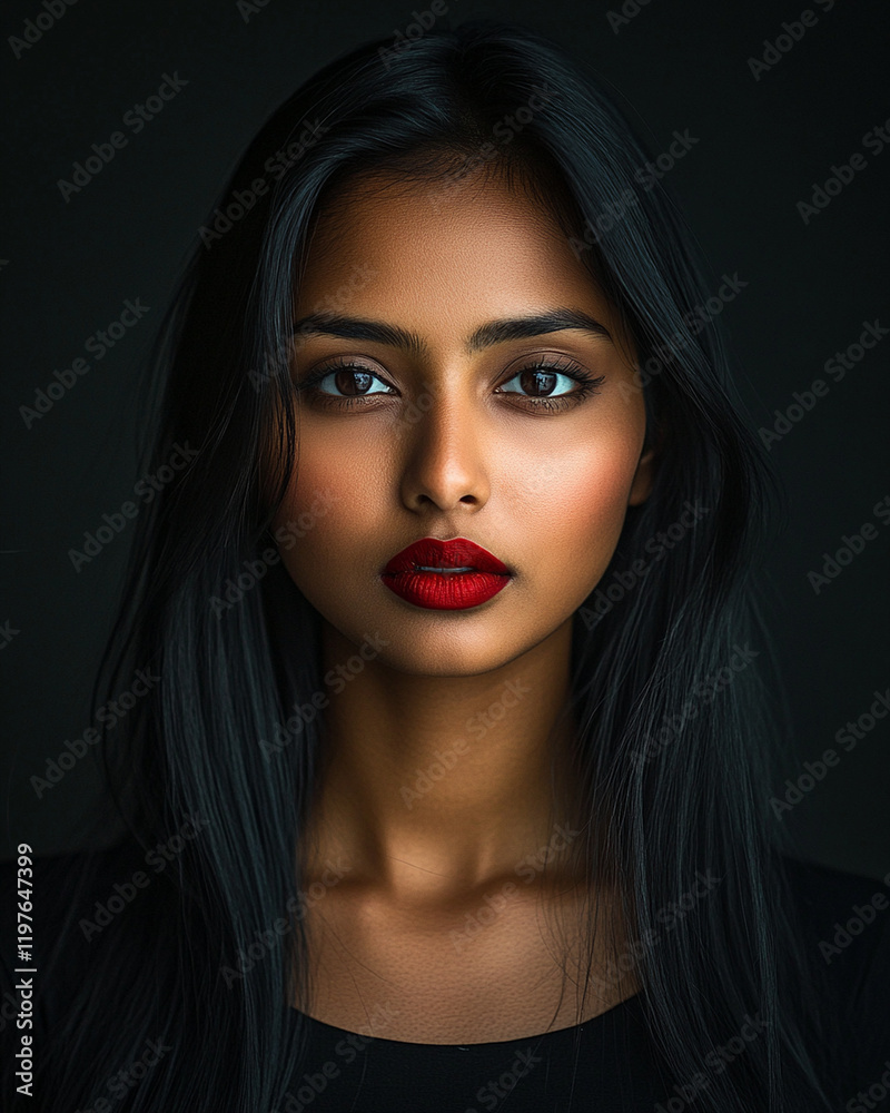 High-contrast studio portrait of an Indian woman with bold red lips against a black background. Dramatic lighting emphasizes her features and elegance.
High-contrast studio portrait of an Indian woman with bold red lips against a black background. Dramatic lighting emphasizes her features and elegance.