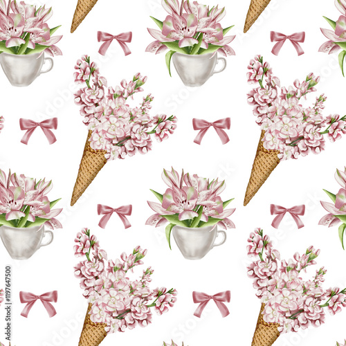 Floral seamless pattern with small pink flowers, ice cream and cup with lilies. Drawing for girls. Very delicate pink color and silk bows. Watercolor illustration without background photo