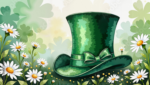 Whimsical green top hat amidst daisies in festive garden, St. Patrick's Day, watercolor painting photo