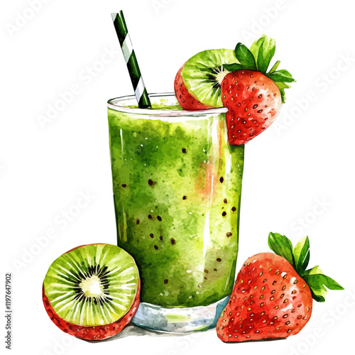 A watercolor vector of kiwi strawberry juice, isolated on a white background. Juice vector.
