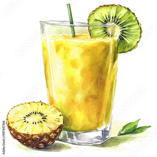 A watercolor vector of kiwi pineapple juice, isolated on a white background. Juice vector.
