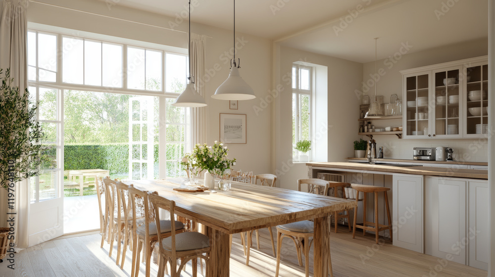 Fototapeta premium bright and airy kitchen with wooden dining table, surrounded by chairs, and large windows letting in natural light. space features plants and cozy atmosphere