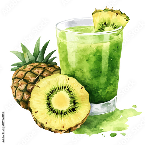 A watercolor vector of kiwi pineapple juice, isolated on a white background. Juice vector.
