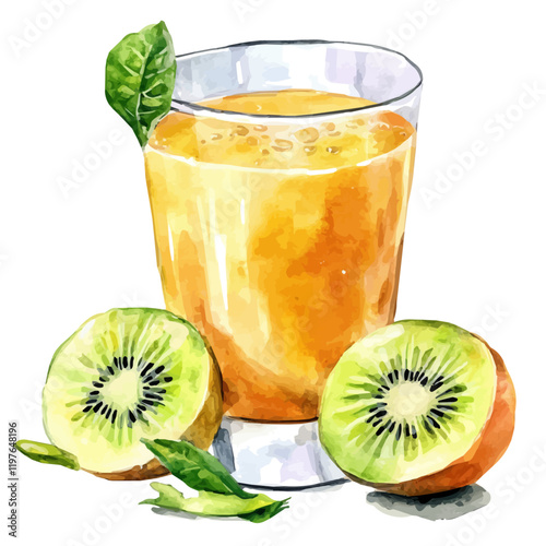 A watercolor drawing of kiwi mango juice, isolated on a white background. Juice vector.
