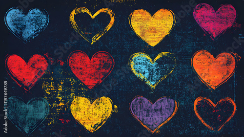 Hand drawn hearts, grunge style, dark background.