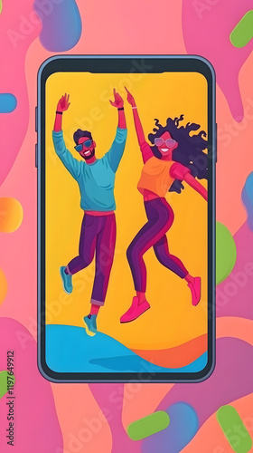 Vertical Mobile Interface: Social Media Mockup App With Male And Female Online Influencers Dancing To a Viral Trend Song In Stylish Outfits. 