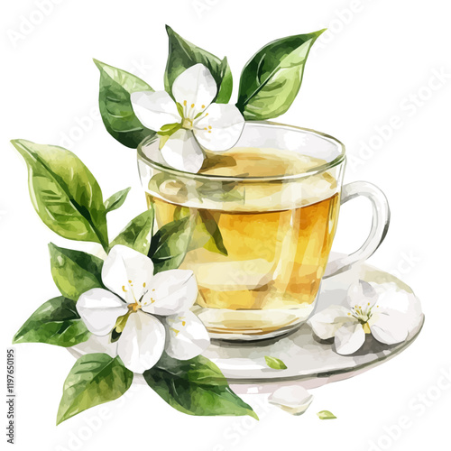 A watercolor vector of a cup of jasmine tea, isolated on a white background. Tea vector.
