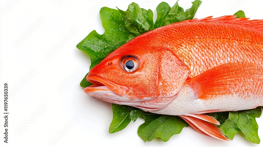 Fresh red snapper on green leaves, isolated on white. Fresh red snapper on green leaves, isolated on white.