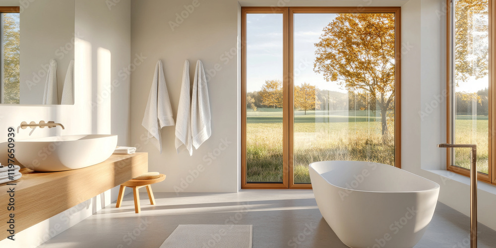 Modern bathroom with large windows, natural light, and scenic view Modern bathroom with large windows, natural light, and scenic view