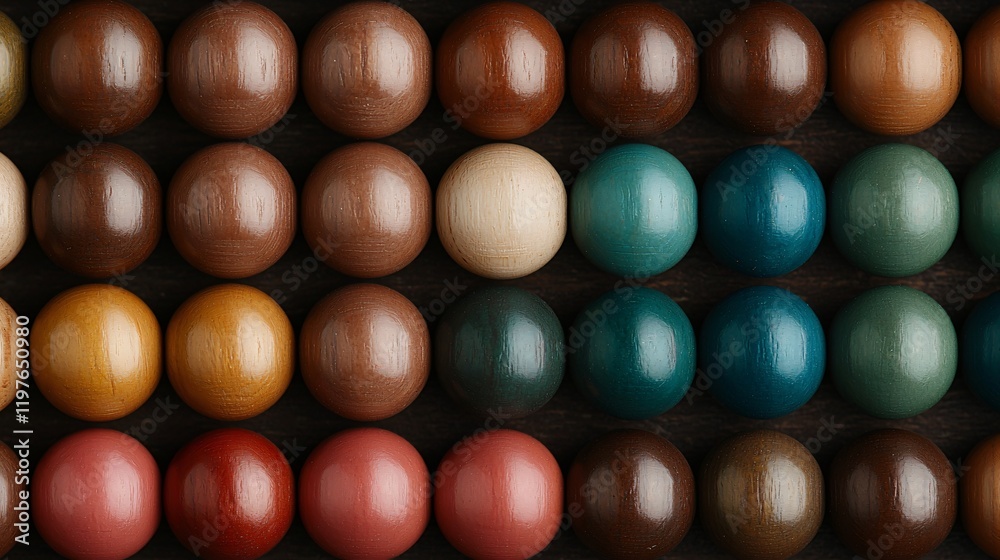 Colorful wooden spheres arranged in rows on dark background. Colorful wooden spheres arranged in rows on dark background.