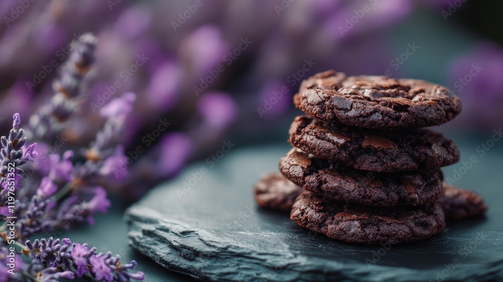 Obraz premium Stack of four delicious chocolate cookies on dark stone, with blurred lavender background.