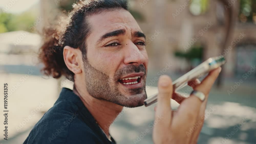 Clouse-up, attractive italian guy with ponytail and stubble is using mobile phone sitting on bench at old buildings background. Stylish man sends voice message on smartphone